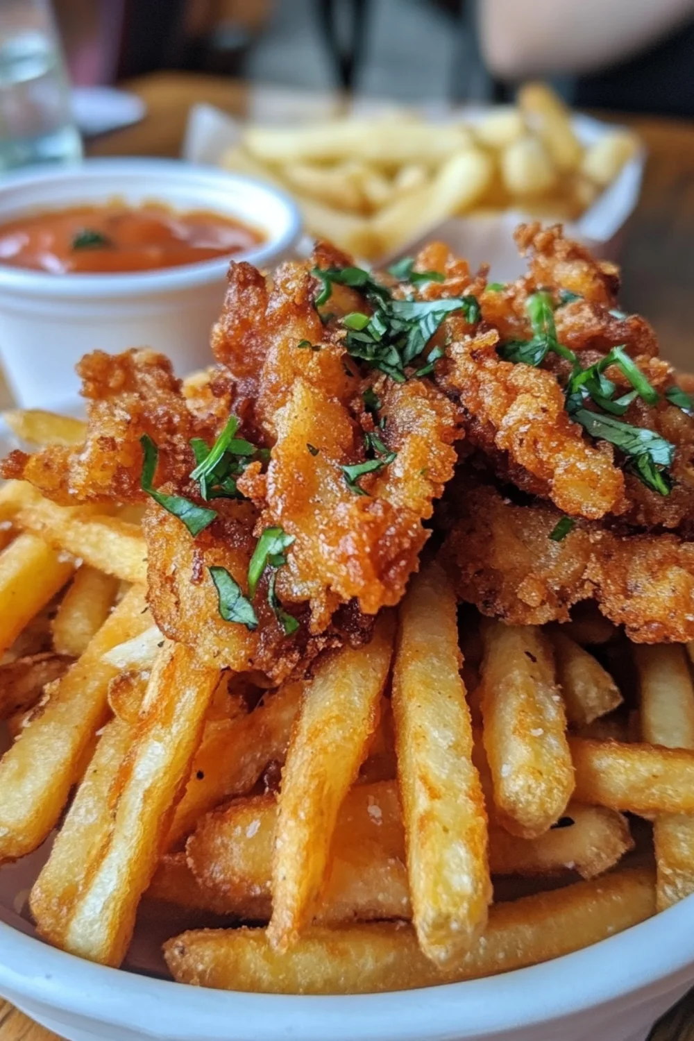 Crispy golden French fries seasoned with herbs and spices, garnished with chopped parsley.