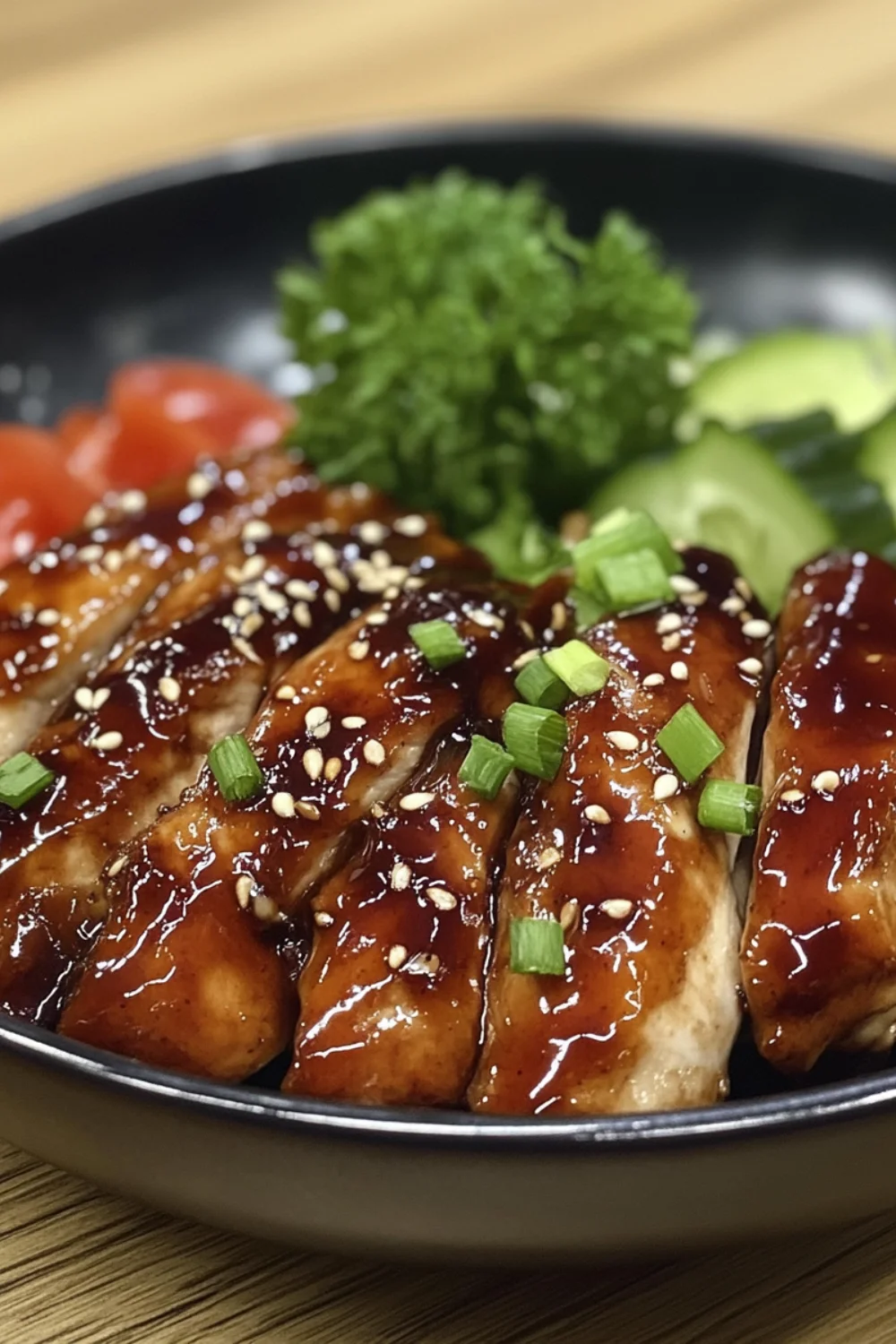 Delicious teriyaki chicken, featuring tender chunks of chicken coated in a glossy, sweet, and savory teriyaki sauce, garnished with sesame seeds and fresh green onions.