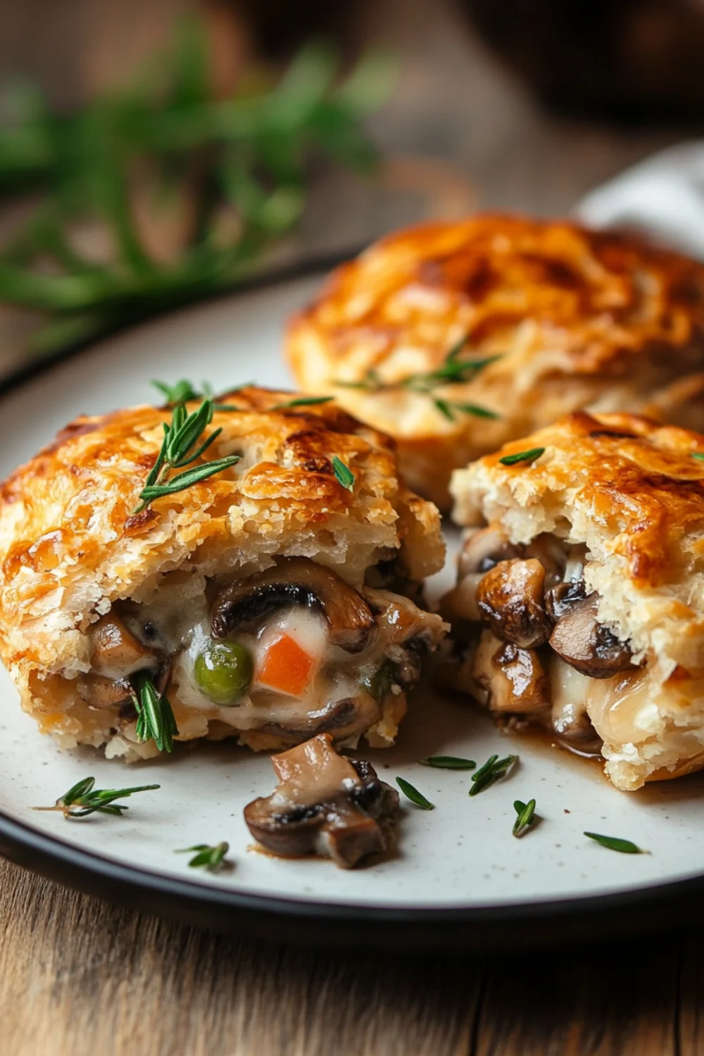 A close-up shot of a chicken mince pie topped with sautéed mushrooms, garnished with fresh herbs, placed on a rustic wooden platter.