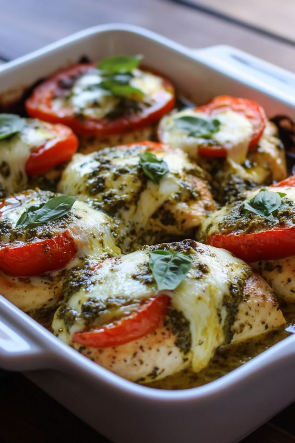 Baked chicken breasts topped with pesto, melted mozzarella, tomato slices, and fresh basil in a white baking dish.