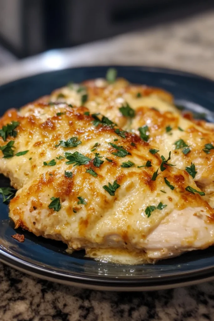 Baked chicken breasts topped with pesto, melted mozzarella, tomato slices, and fresh basil in a white baking dish.