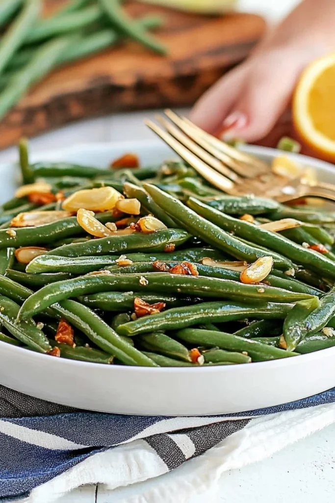 A close-up of freshly made green beans almandine, topped with toasted almonds and served in a white bowl with a fork on the side.