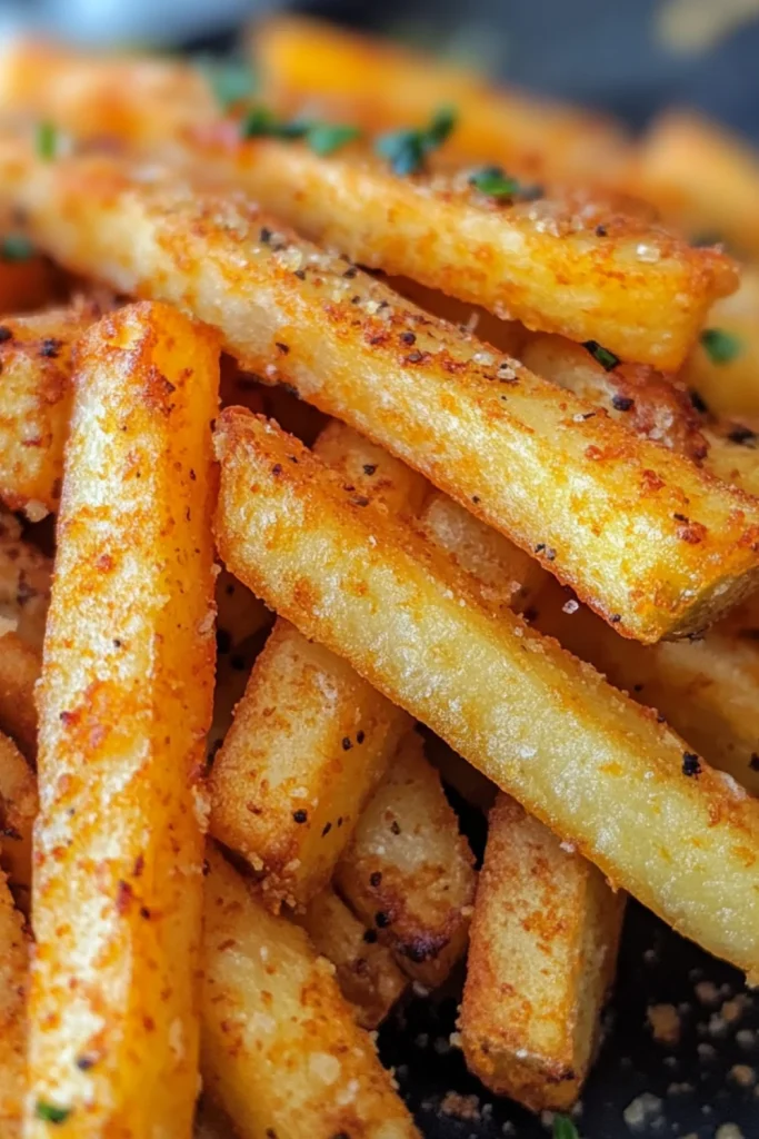 Crispy golden French fries seasoned with herbs and spices, garnished with chopped parsley.