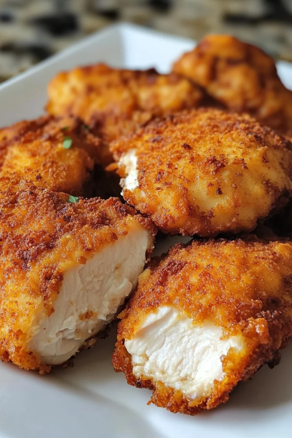 A close-up shot of crispy fried chicken pieces with a golden-brown, crunchy breading, revealing tender white meat inside.