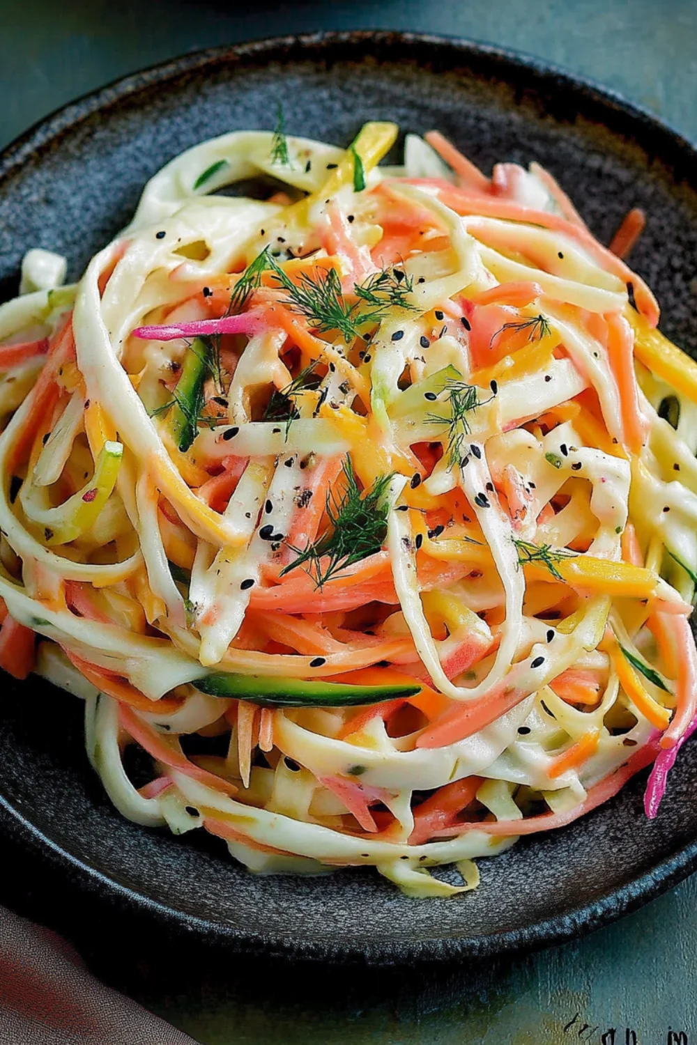 A vibrant and fresh Kani salad featuring a mix of julienned carrots, shredded lettuce, cucumbers, pickled red onions, roasted peanuts, and sesame seeds, creating a colorful and healthy dish.