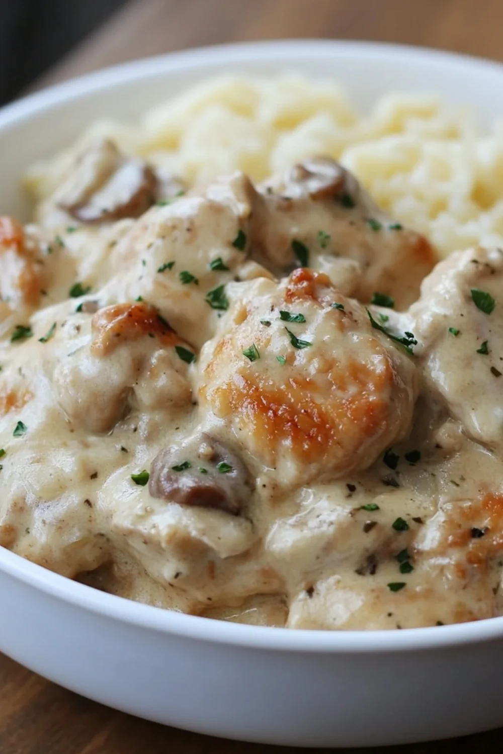 A white bowl filled with creamy chicken stew, featuring tender chicken pieces, sliced carrots, mushrooms, and fresh herbs.