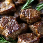 Grilled butter steak bites on skewers, garnished with chopped herbs and served on a wooden board.