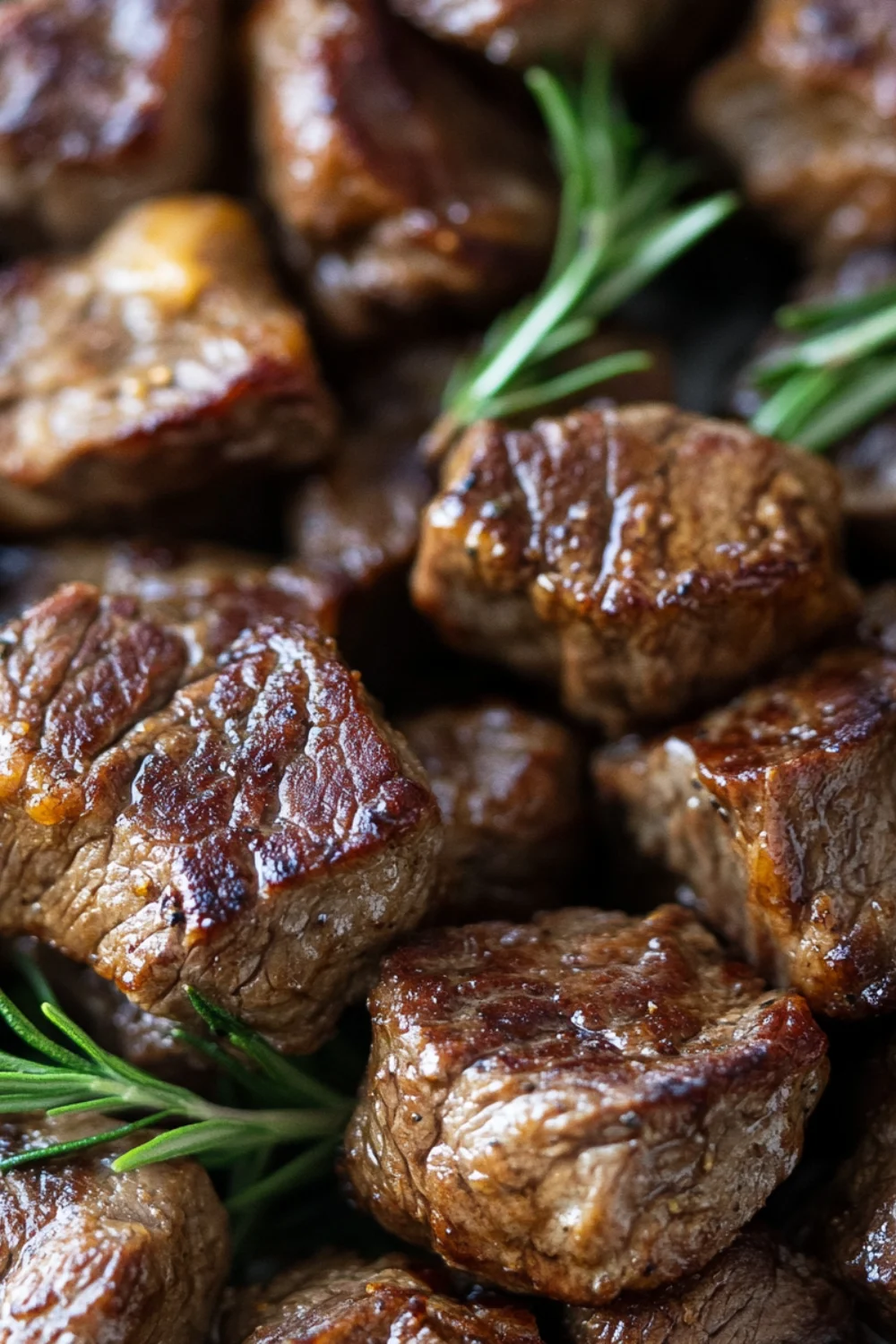 Grilled butter steak bites on skewers, garnished with chopped herbs and served on a wooden board.