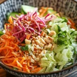 A vibrant and fresh Kani salad featuring a mix of julienned carrots, shredded lettuce, cucumbers, pickled red onions, roasted peanuts, and sesame seeds, creating a colorful and healthy dish.