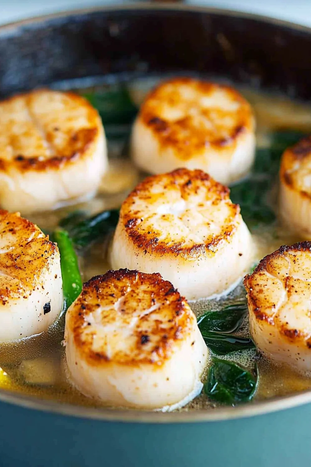 Close-up of Gordon Ramsay's Pan-Seared Scallops garnished with fresh parsley, served in a buttery sauce.