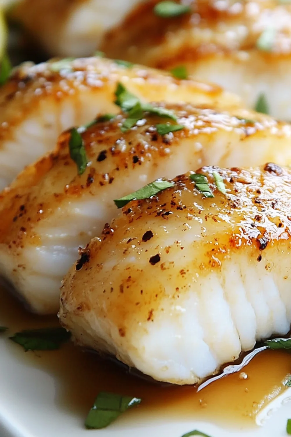 A close-up of baked honey marinated cod fillets drizzled with a flavorful sauce and garnished with fresh herbs, creating a delicious golden-brown crust on the fish.
