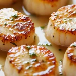 Close-up of Gordon Ramsay's Pan-Seared Scallops garnished with fresh parsley, served in a buttery sauce.