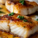 A close-up of baked honey marinated cod fillets drizzled with a flavorful sauce and garnished with fresh herbs, creating a delicious golden-brown crust on the fish.