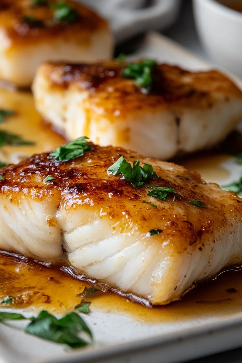 A close-up of baked honey marinated cod fillets drizzled with a flavorful sauce and garnished with fresh herbs, creating a delicious golden-brown crust on the fish.
