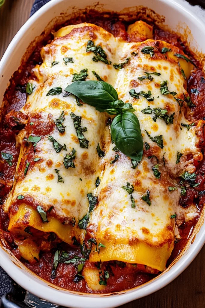 Cheesy Eggplant Rollatini rolls baked in marinara sauce and topped with fresh basil in a white ceramic dish.