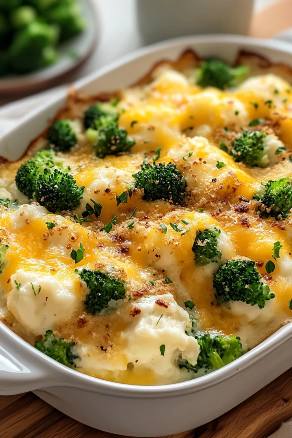Close-up of a cheesy broccoli casserole with melted cheese and parsley on top.