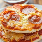 Close-up of two stacked air fryer English muffin pepperoni pizzas with golden melted cheese and crispy edges.