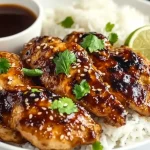 Glazed honey garlic chicken breasts served over white rice, garnished with sesame seeds, cilantro, and lime slices.