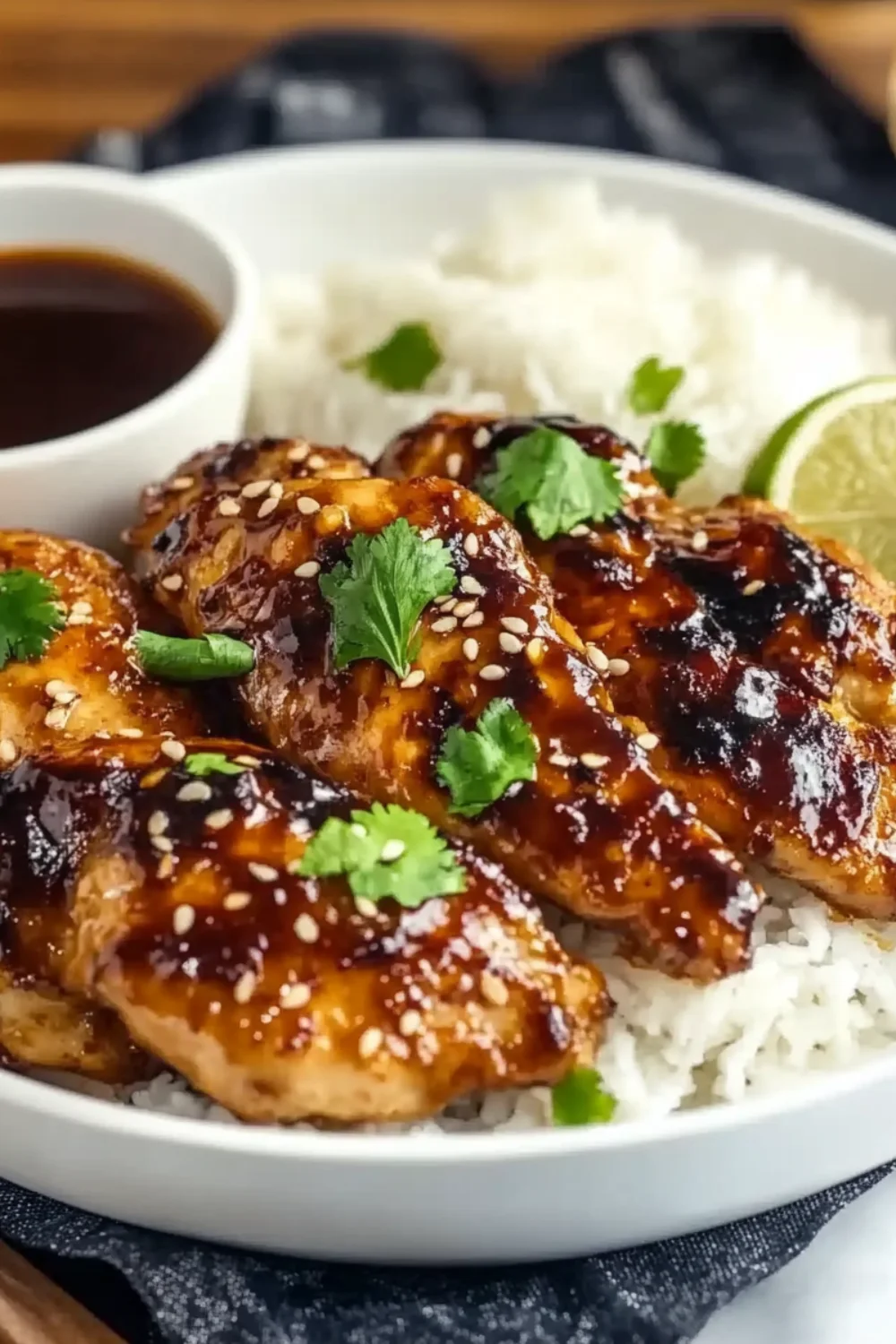 Glazed honey garlic chicken breasts served over white rice, garnished with sesame seeds, cilantro, and lime slices.