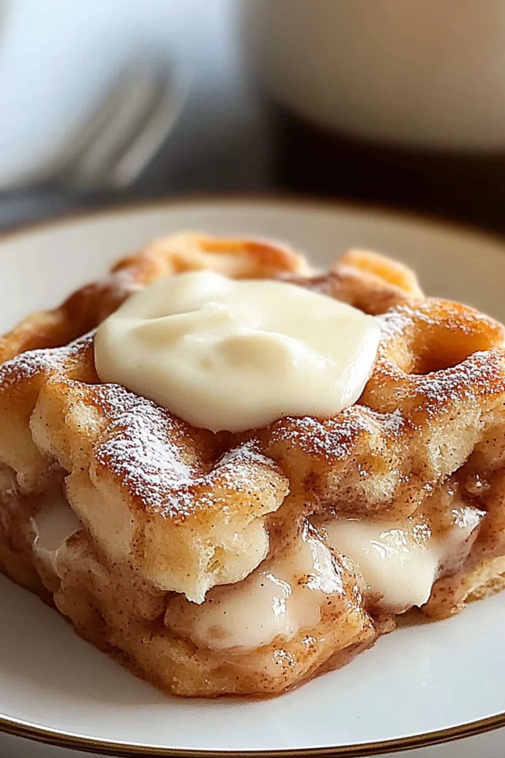 A close-up of Cinnamon Roll French Toast Casserole, with layers of cinnamon, a creamy glaze on top, and a dusting of powdered sugar.