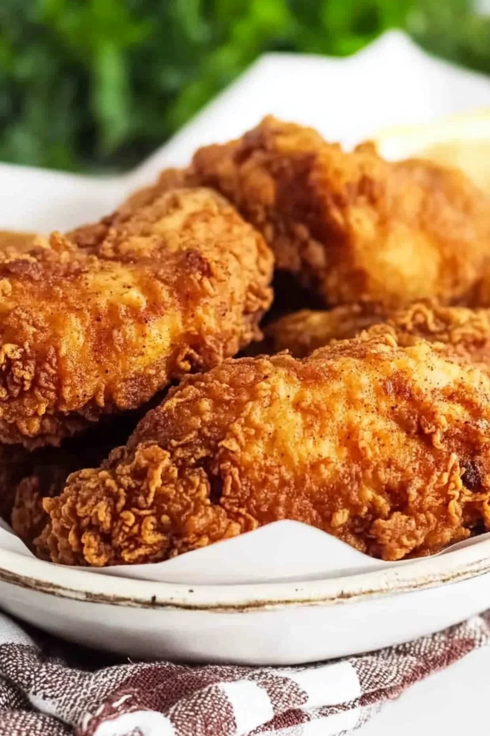 Close-up of crispy golden Southern fried chicken pieces served on a rustic white plate with a napkin underneath.